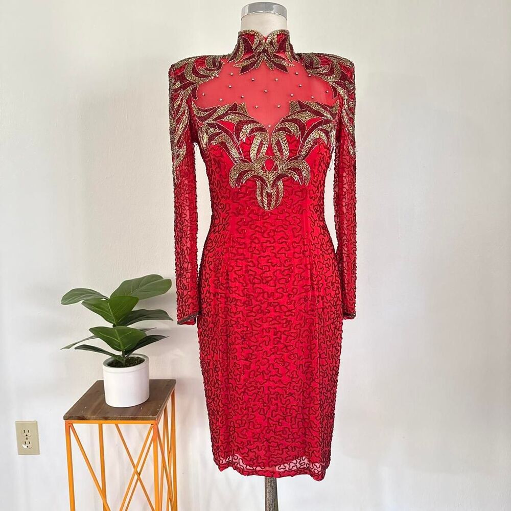 Vintage Lillie Rubin 60s 100% Silk Beaded Bodycon Red gold dress Sz 6 Formal